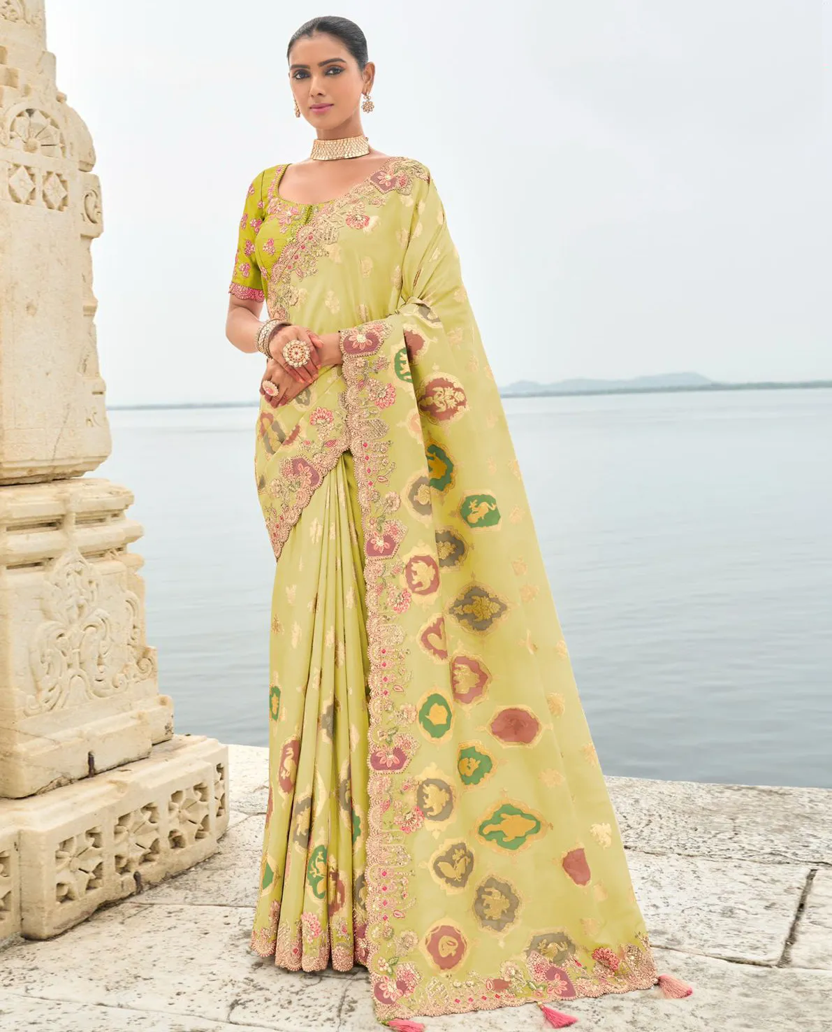 Light Green Silk Designer Zari Butti Embroidered Bridal Saree