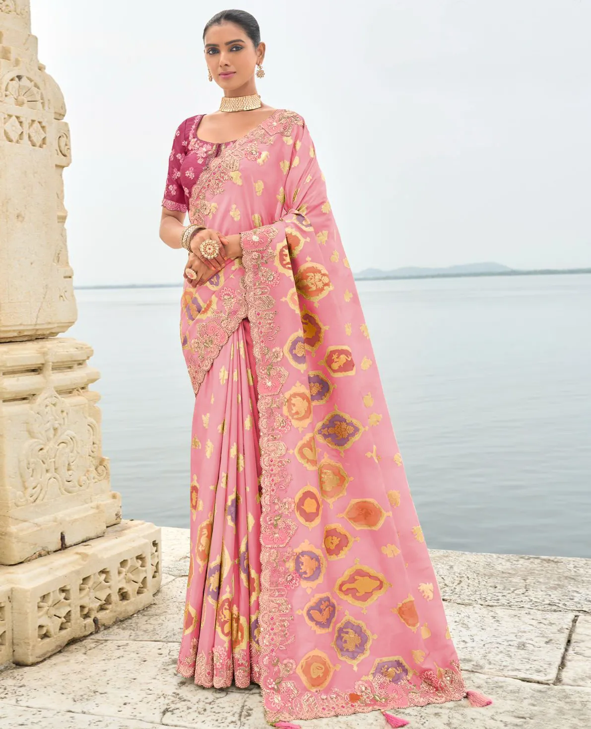Pink Silk Designer Zari Butti Embroidered Bridal Saree