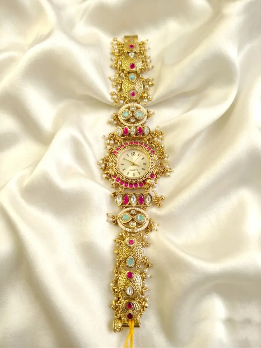 Antique Gold-Plated Kundan Bridal Bracelet Watch With Pearl Drops