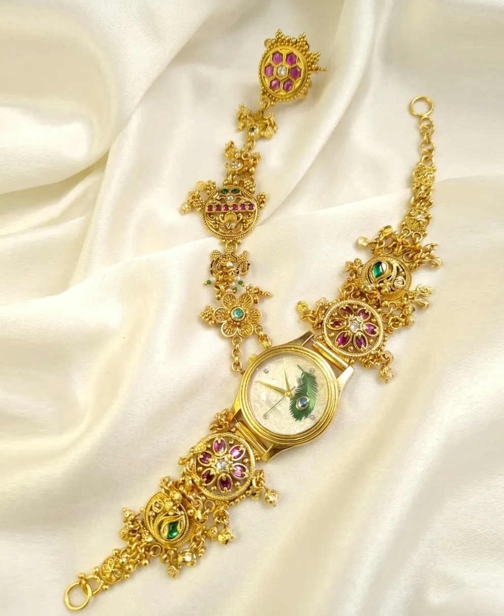 Antique Gold-Plated Peacock Dial Temple Bracelet Watch