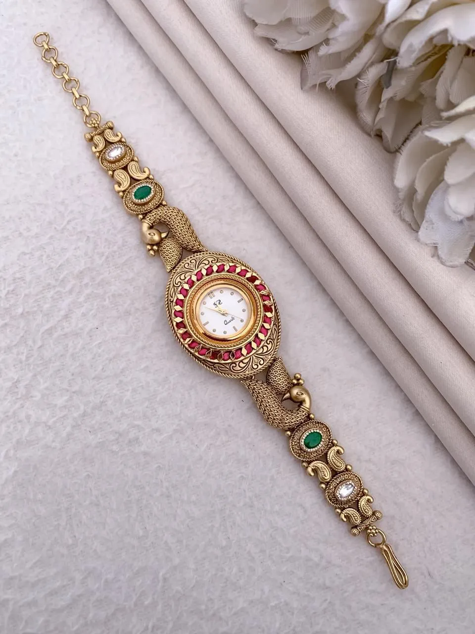 Antique Gold-Plated Peacock Motif Heritage Bracelet Watch
