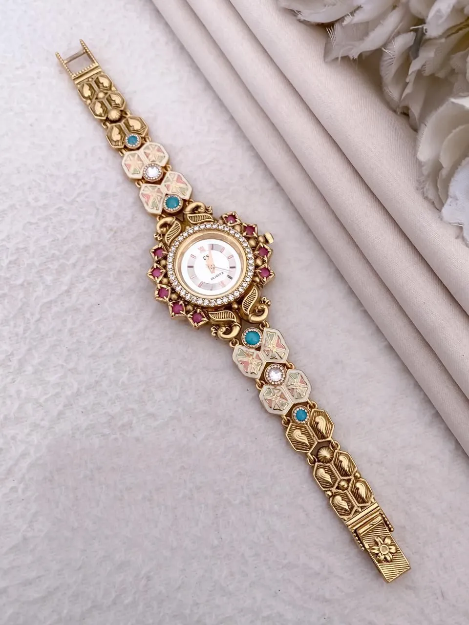 Antique Gold-Plated Peacock Motif Meenakari Art Bracelet Watch
