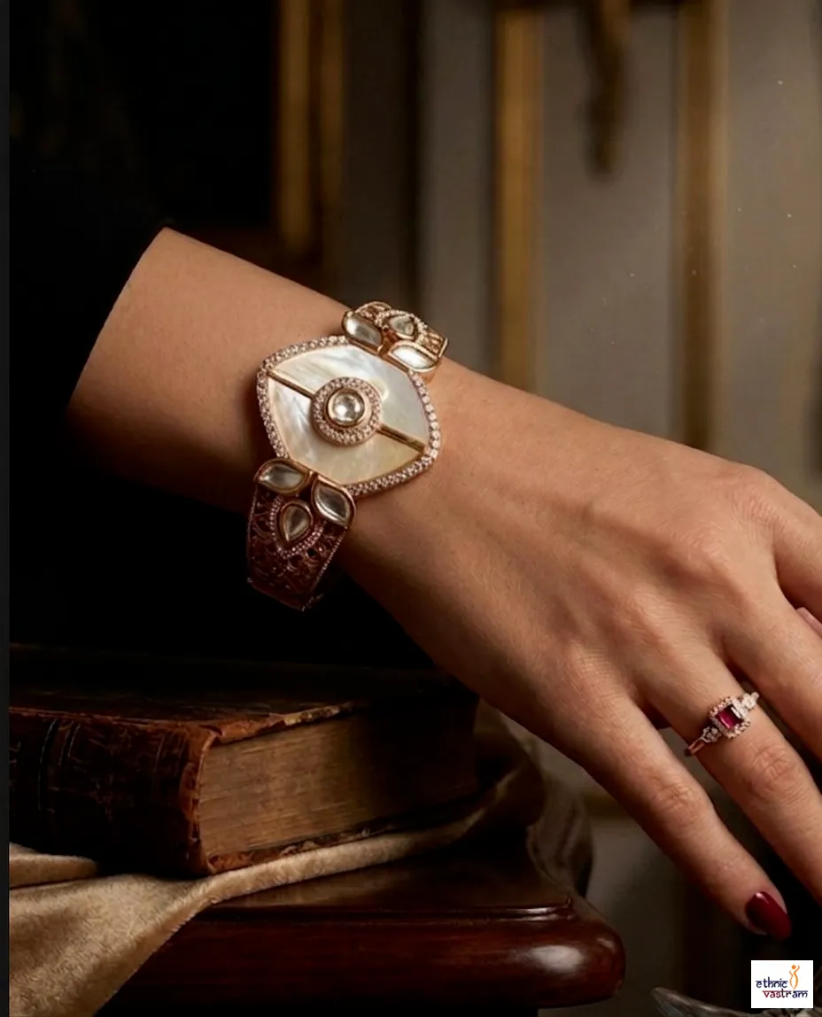 Antique Gold-Plated Mother of Pearl Kundan Kada Bracelet