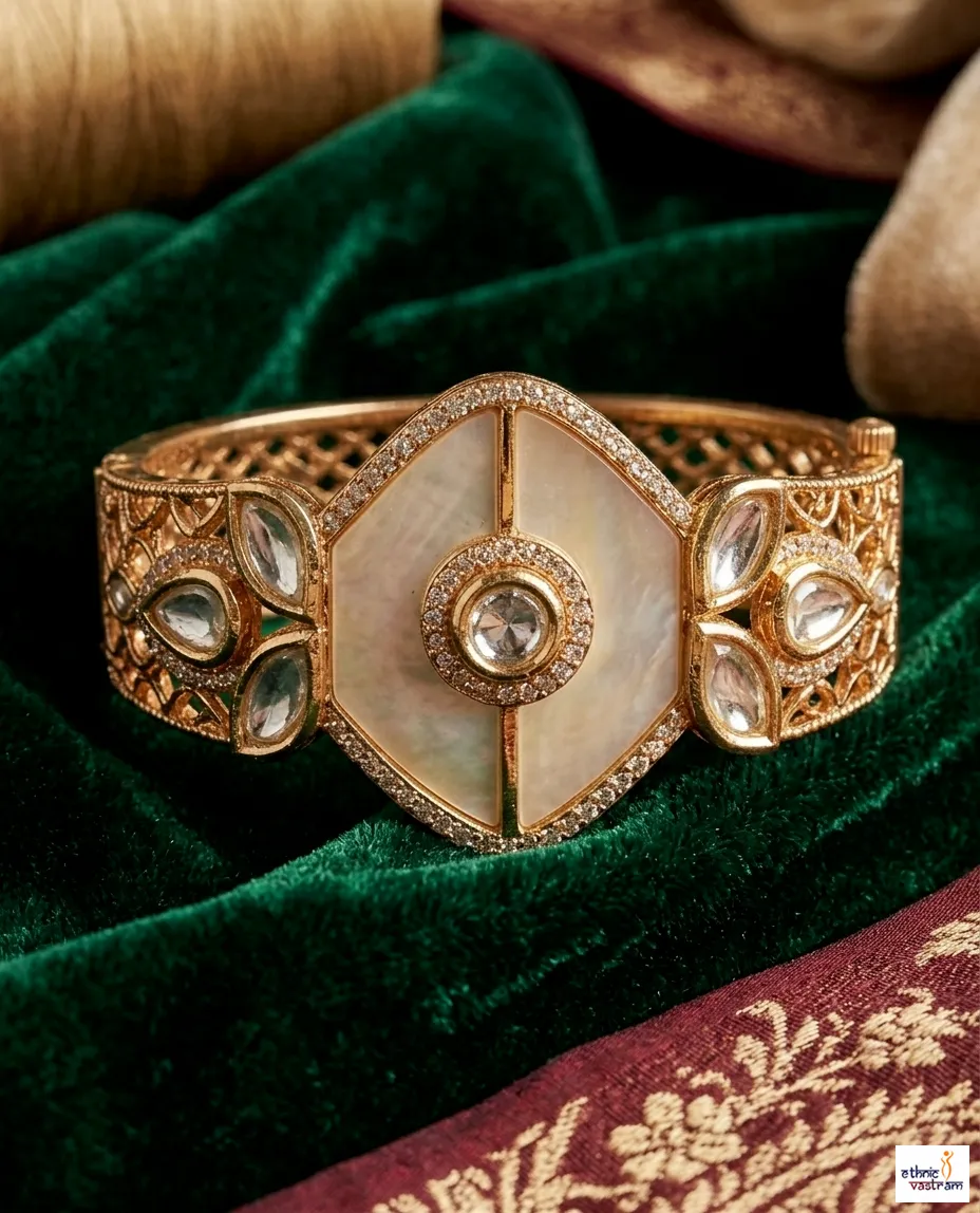 Antique Gold-Plated Mother of Pearl Kundan Kada Bracelet - Image 2