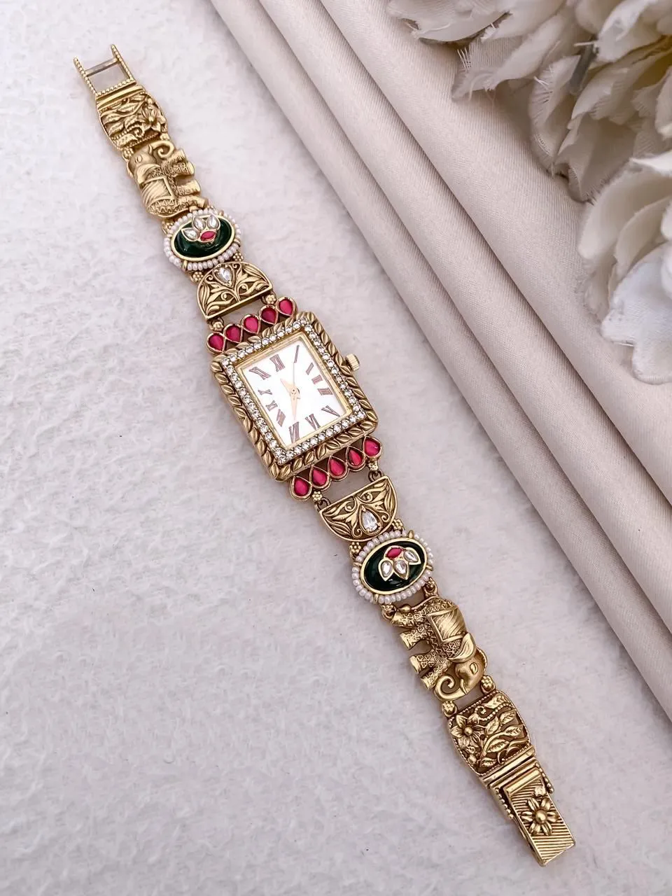 Antique Gold-Plated Square Elephant Motifs Bracelet Watch