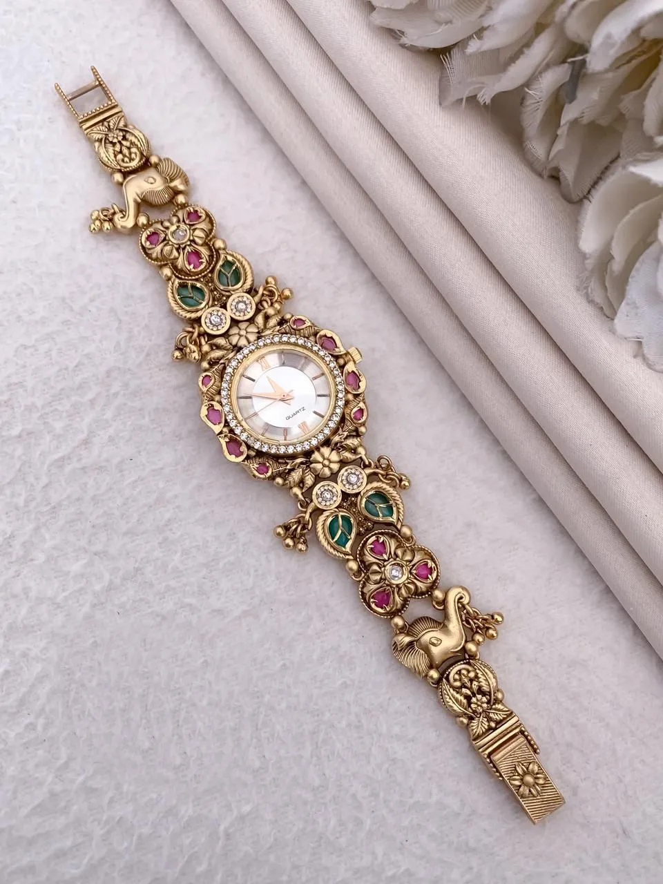 Antique Matte Gold-Plated Elephant & Floral Motif Bracelet Watch