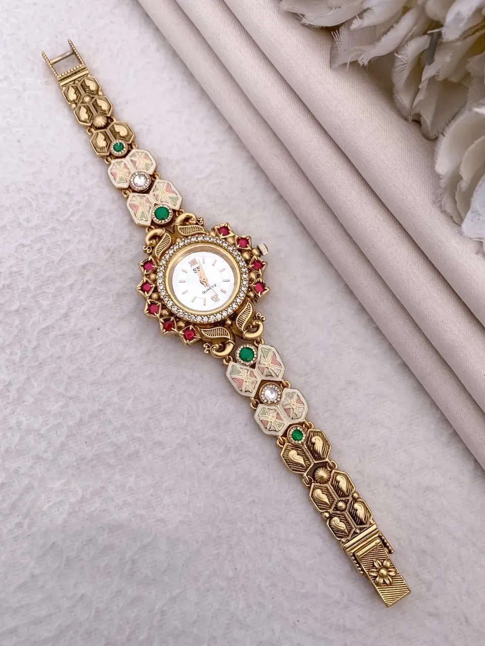 Antique Matte Gold-Plated Ganesha & Peacock Motif Bracelet Watch