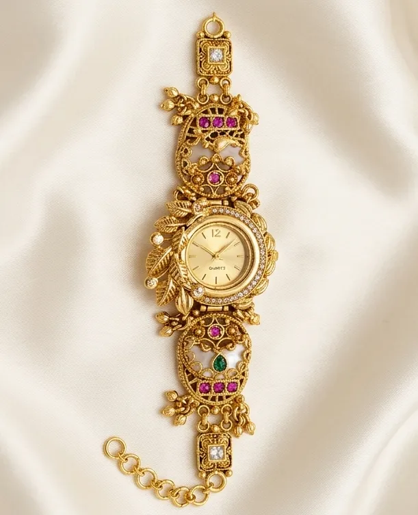 Antique Matte Gold-Plated Leaf & Floral Filigree Bracelet Watch