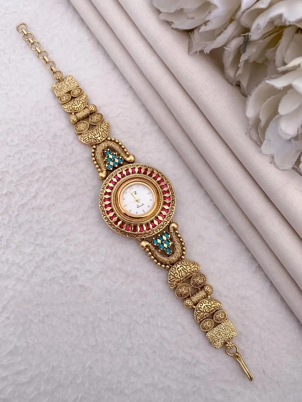 Antique Matte Gold-Plated Traditional Floral Motif Bracelet Watch