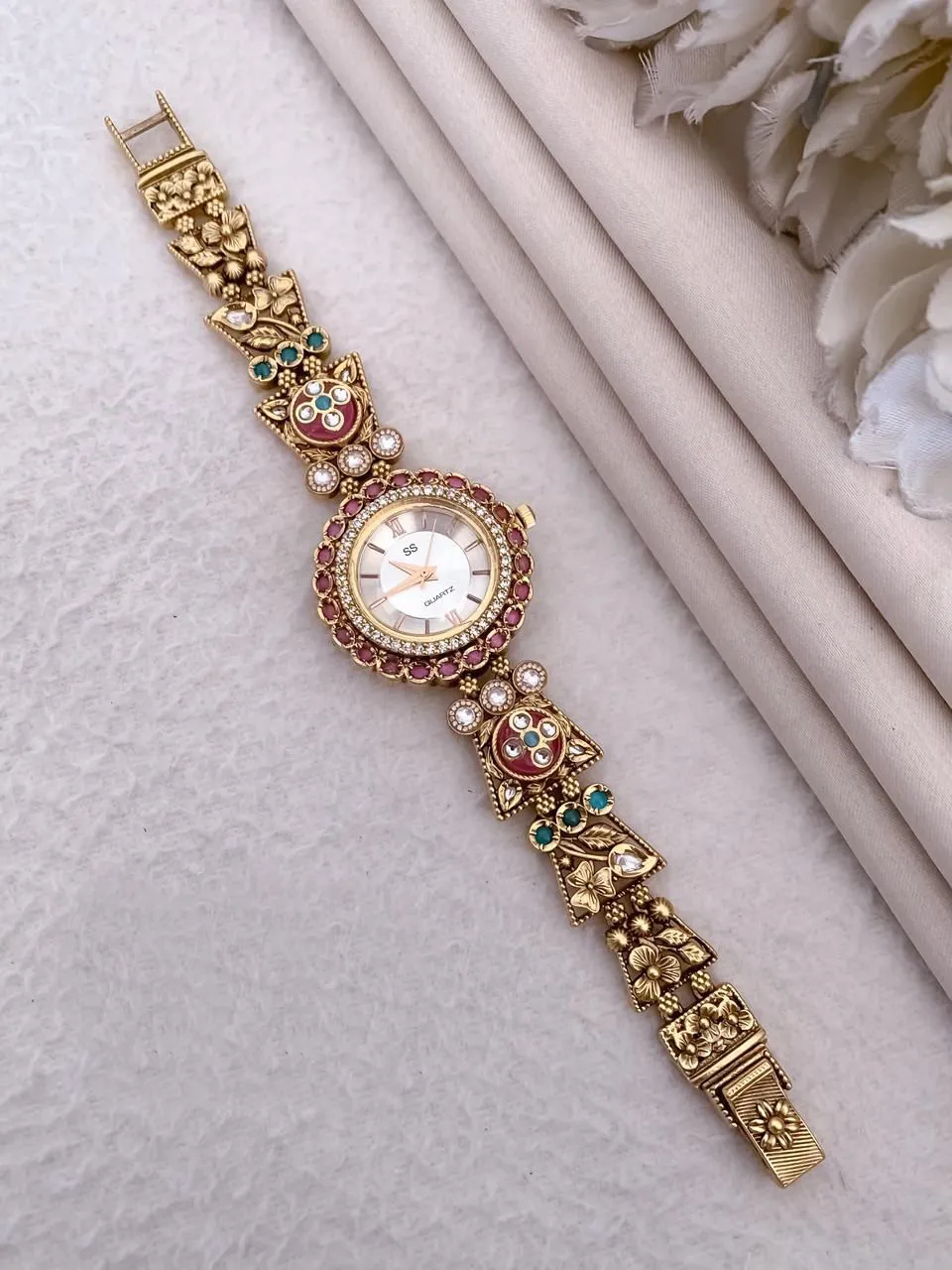 Antique Matte Ruby Borders Gold-Plated Ethnic Bracelet Watch