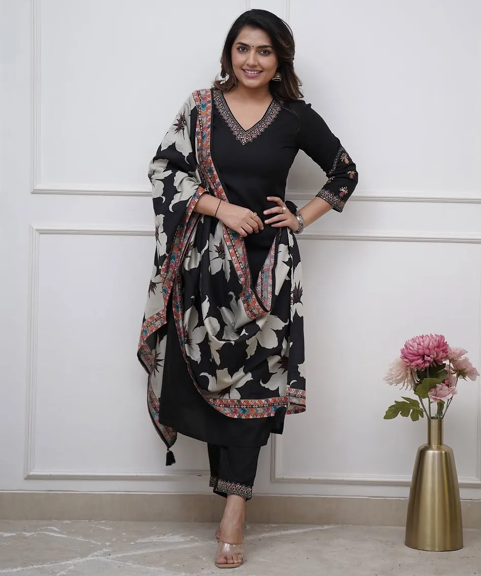 Black Viscose Silk Embroidered Readymade Salwar Suit