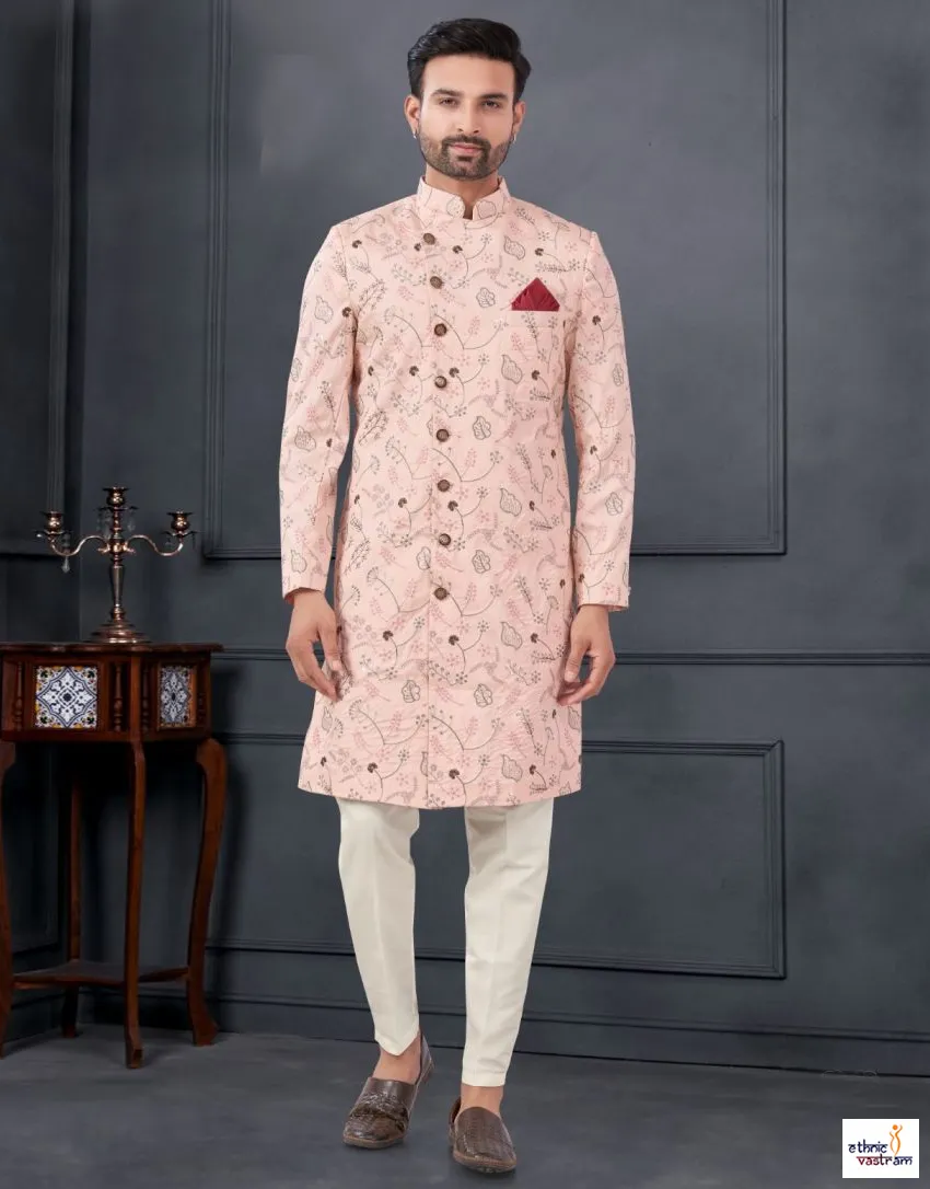 Baby Pink Silk Embroidered Wedding Indo Western Kurta Pant