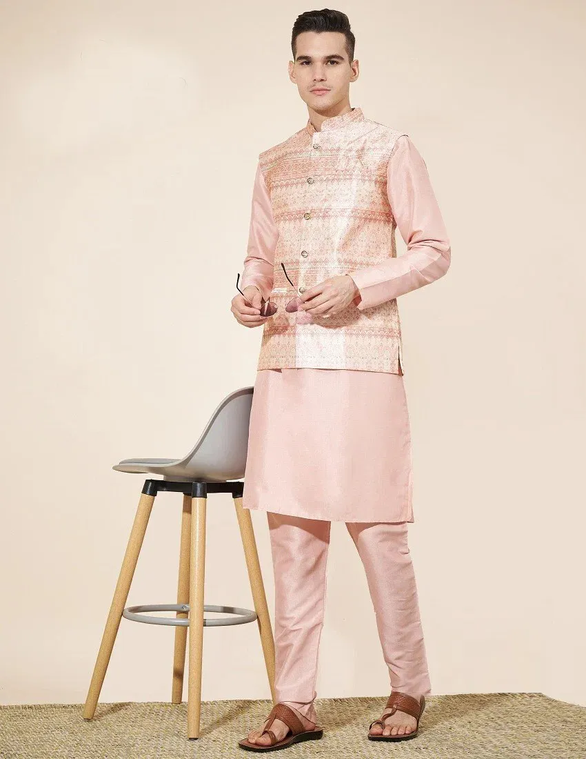 Baby Pink Silk Kurta Pajama With Jacquard Jacket