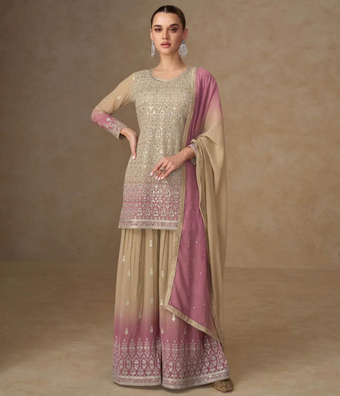 Beige Designer Real Georgette Embroidered Readymade Palazzo Suit