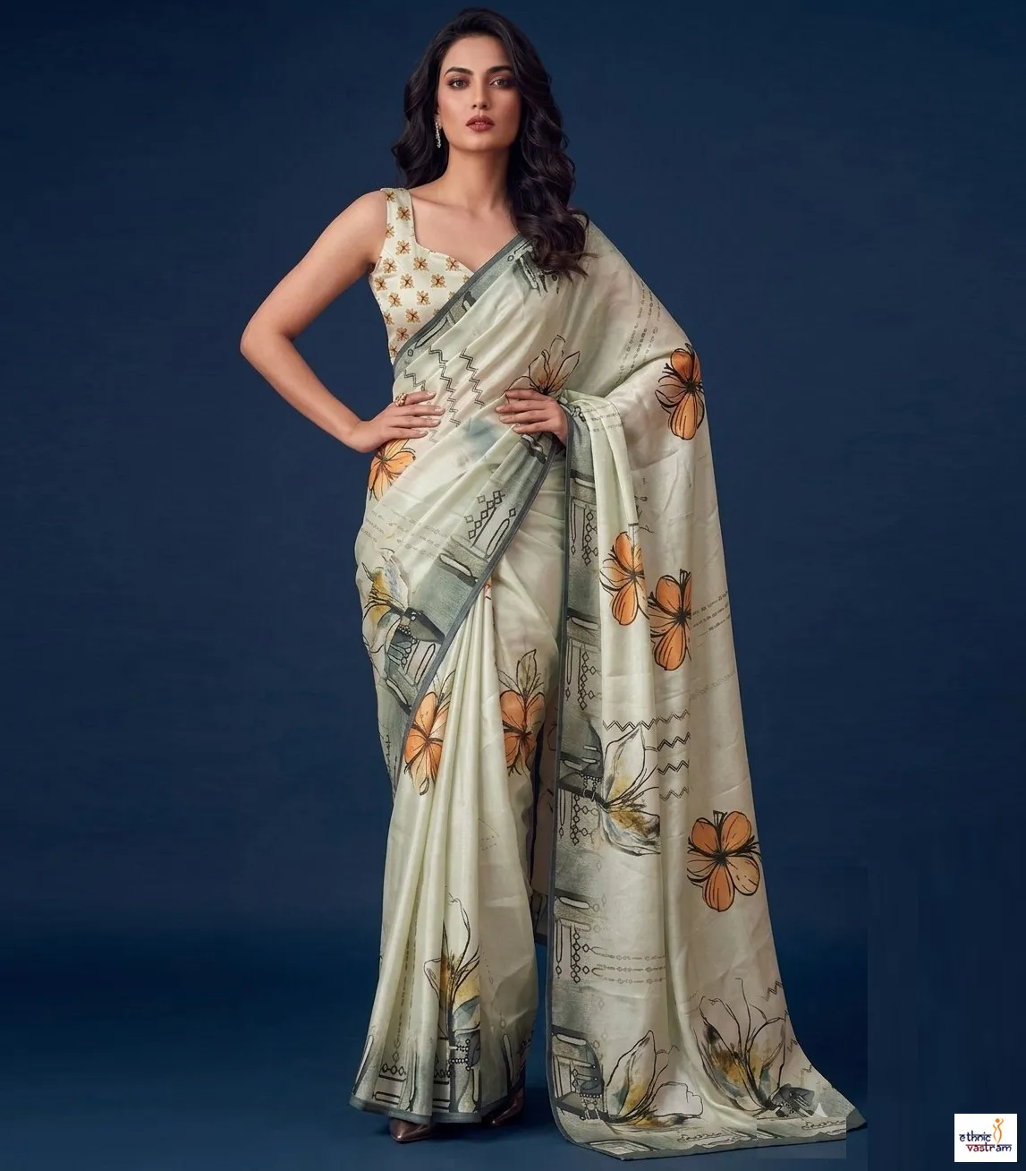 Beige Fancy Silver Silk Printed Ethnic Wear Saree