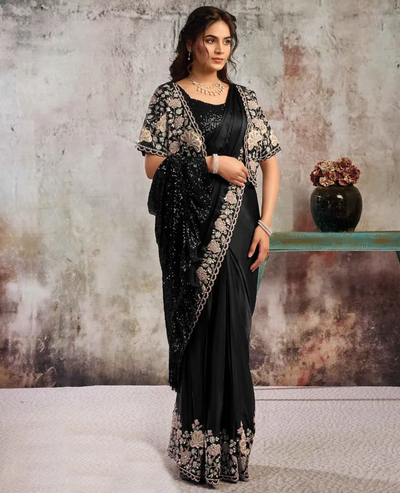 Black Lustrous Satin Sequins Embroidered Readymade Saree