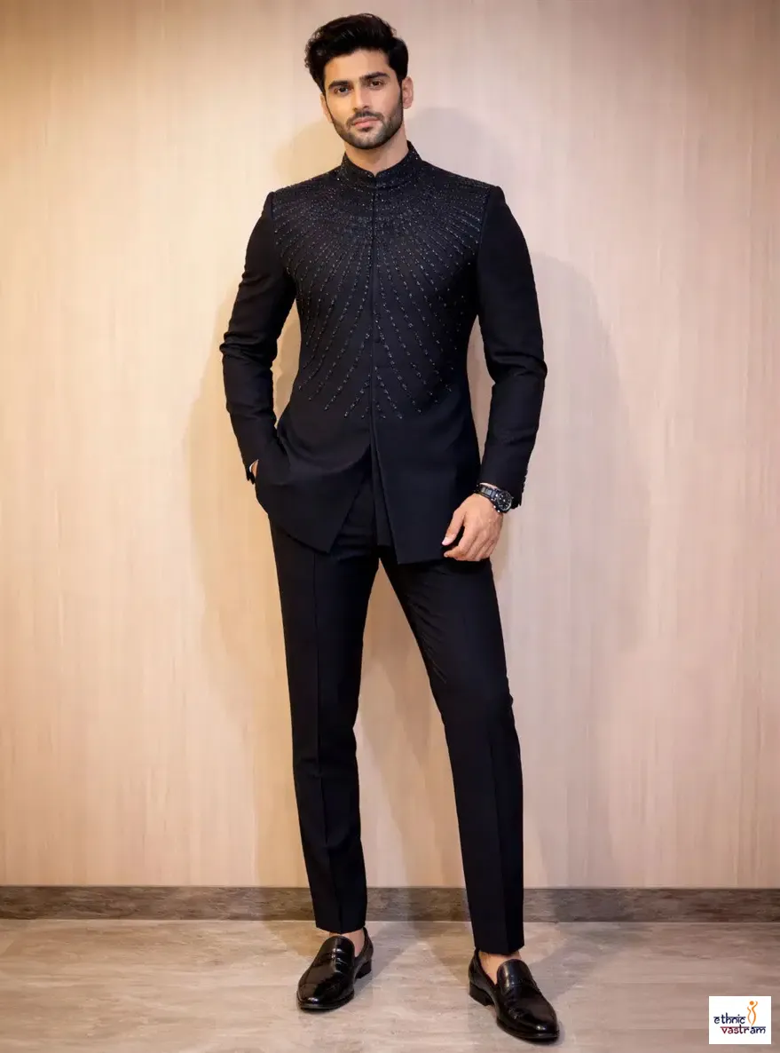 Black Pure Lachka Fabric Handwork Indo Western Jodhpuri Set