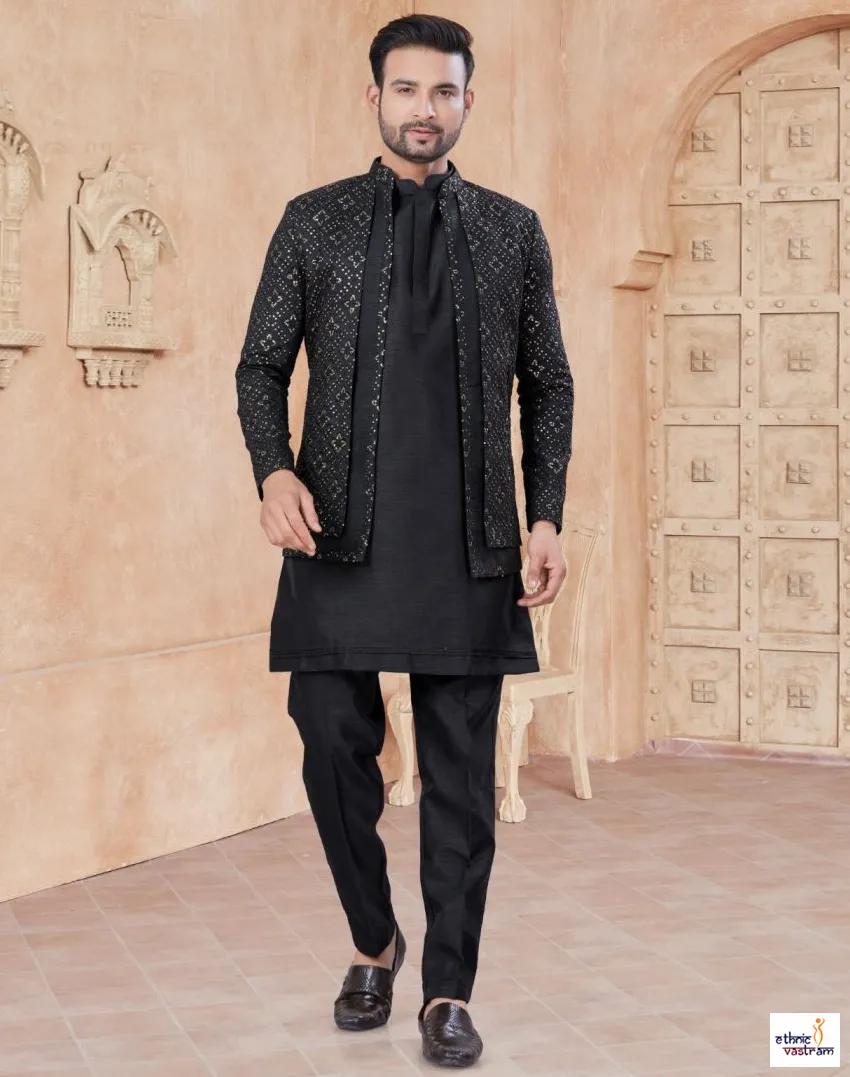 Black Pure Silk Sequins Embroidered Designer Indo Western Set