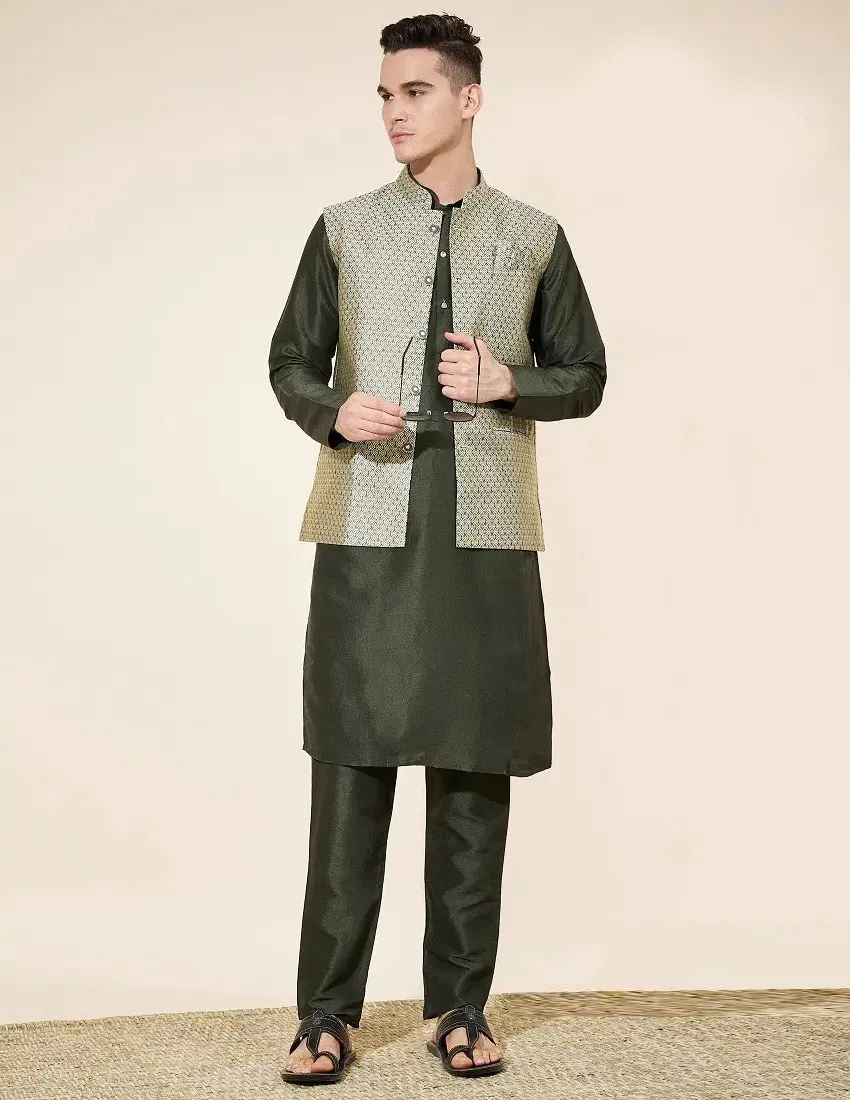 Black Silk Kurta Pajama With Jacquard Jacket
