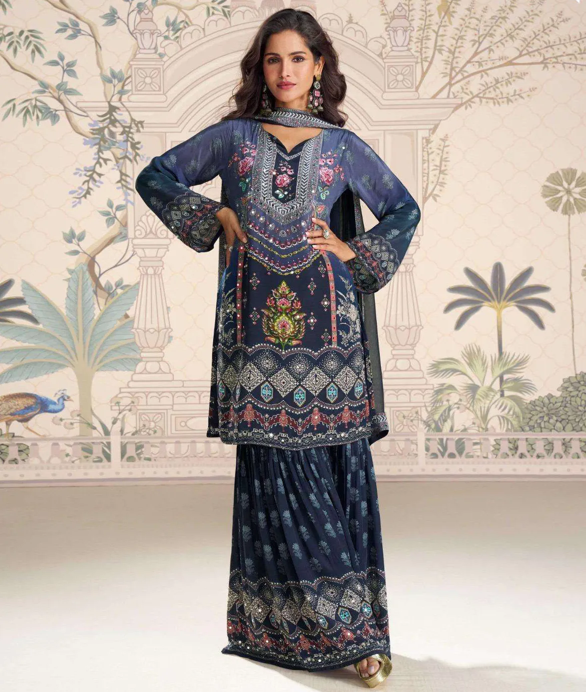 Blue Premium Real Crepe Silk Mirror Work Gharara Set