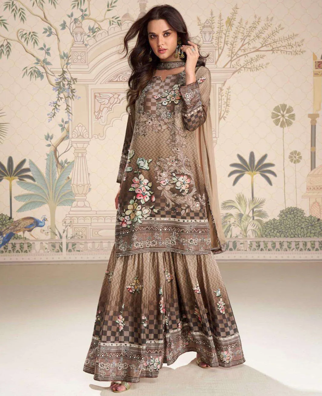Brown Premium Real Crepe Silk Mirror Work Gharara Set