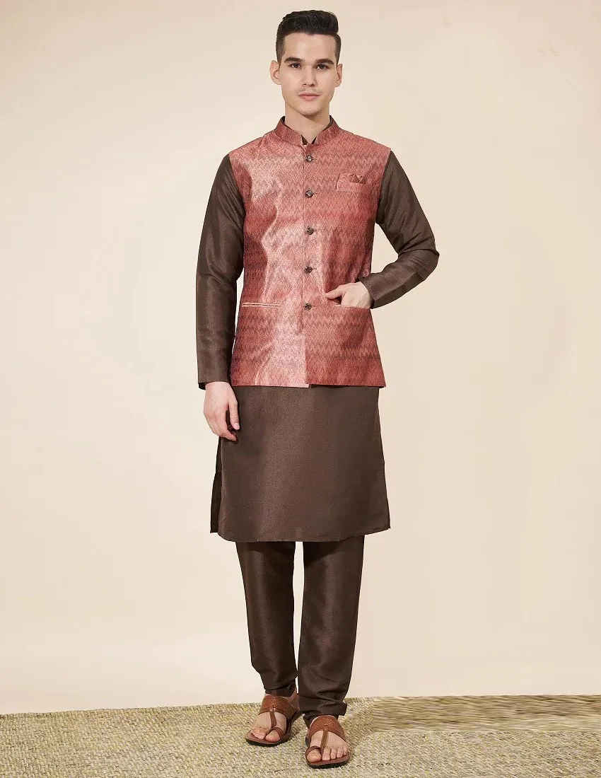 Brown Silk Kurta Pajama With Jacquard Jacket