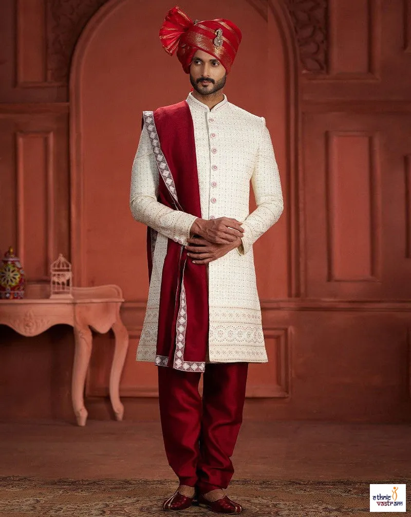 Classic Ivory Embroidered Sherwani Set With Deep Red Stole & Safa