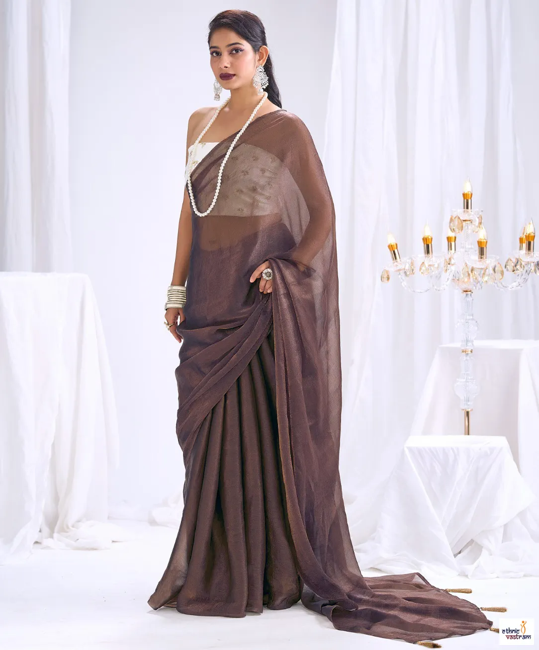 Coffee Brown Silk Ethnic Wear Saree With Embroidered Blouse