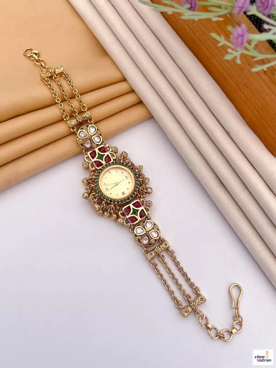 Cream Dial Green Bezel Detailing Kundan Bracelet Watch