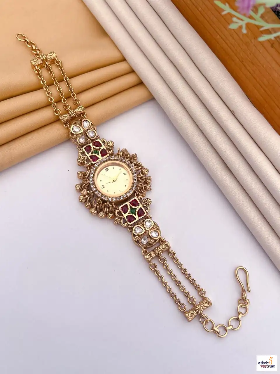Cream Dial Red-Green Stone Detailing Kundan Bracelet Watch