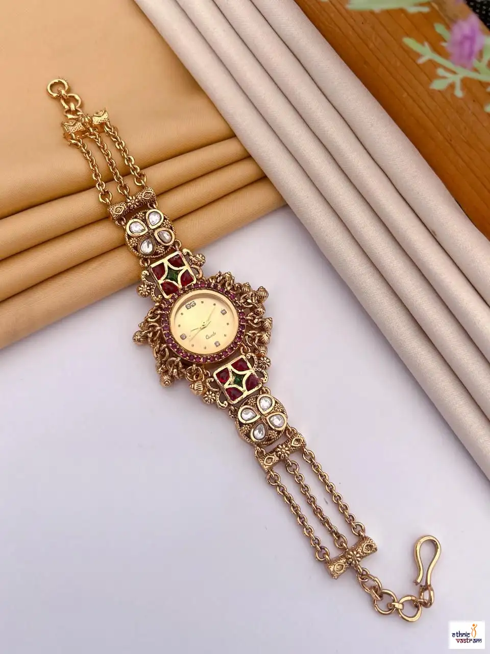 Cream Dial Ruby-Green Stone Detailing Kundan Bracelet Watch