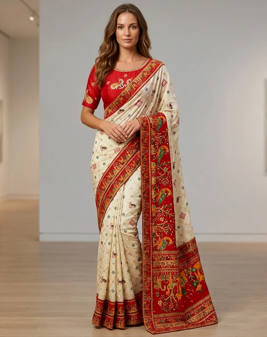 Cream Dola Silk Heavy Jacquard Lace Border Designer Saree