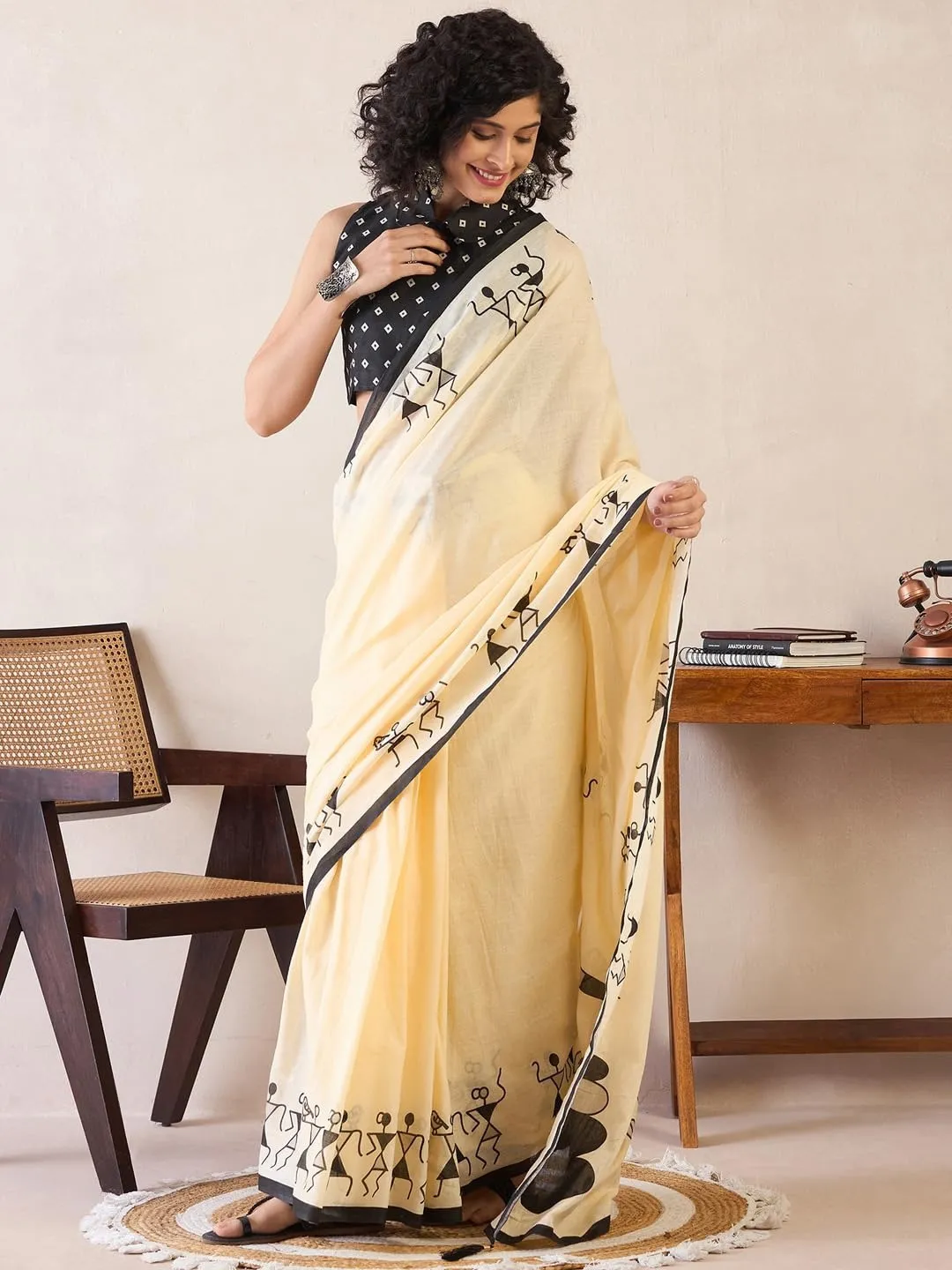 Cream Premium Linen Lightweight Casual Digital Print Saree