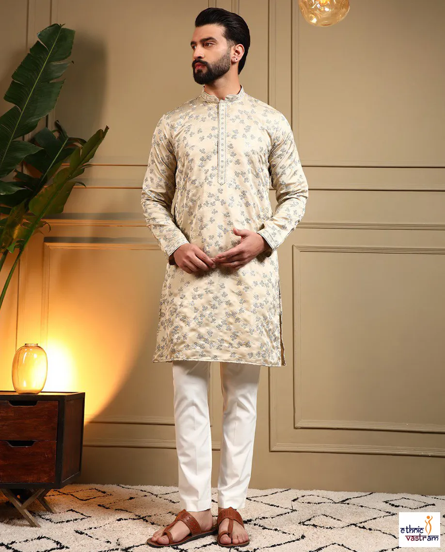 Cream Royal Silk Sequence Embroidered Men’s Kurta Pyjama