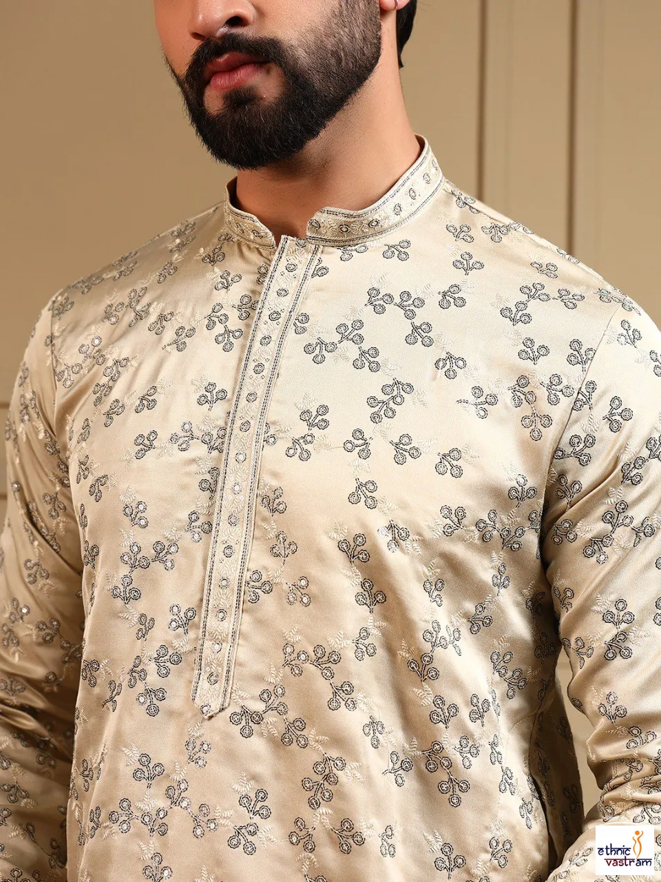 Cream Royal Silk Sequence Embroidered Men’s Kurta Pyjama - Image 3