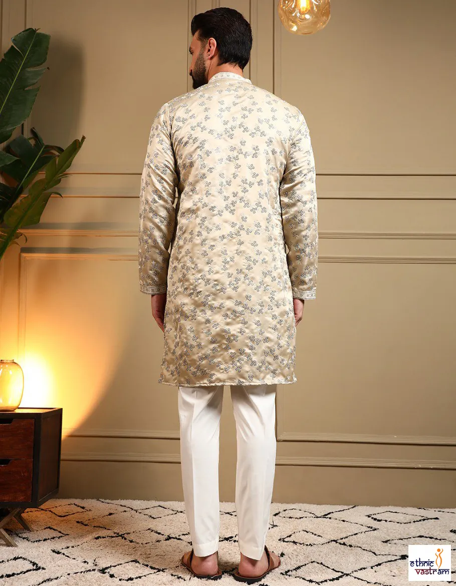 Cream Royal Silk Sequence Embroidered Men’s Kurta Pyjama - Image 2
