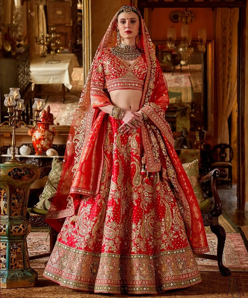 Crimson Red Gold Zari Bridal Silk Lehenga With Double Dupatta