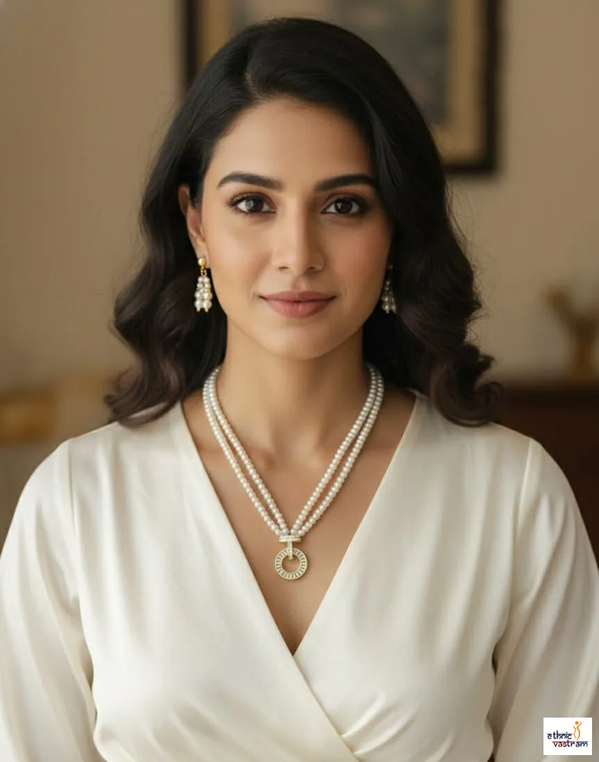 Crystal Circular Pendant Double-Strand Pearl Necklace Set