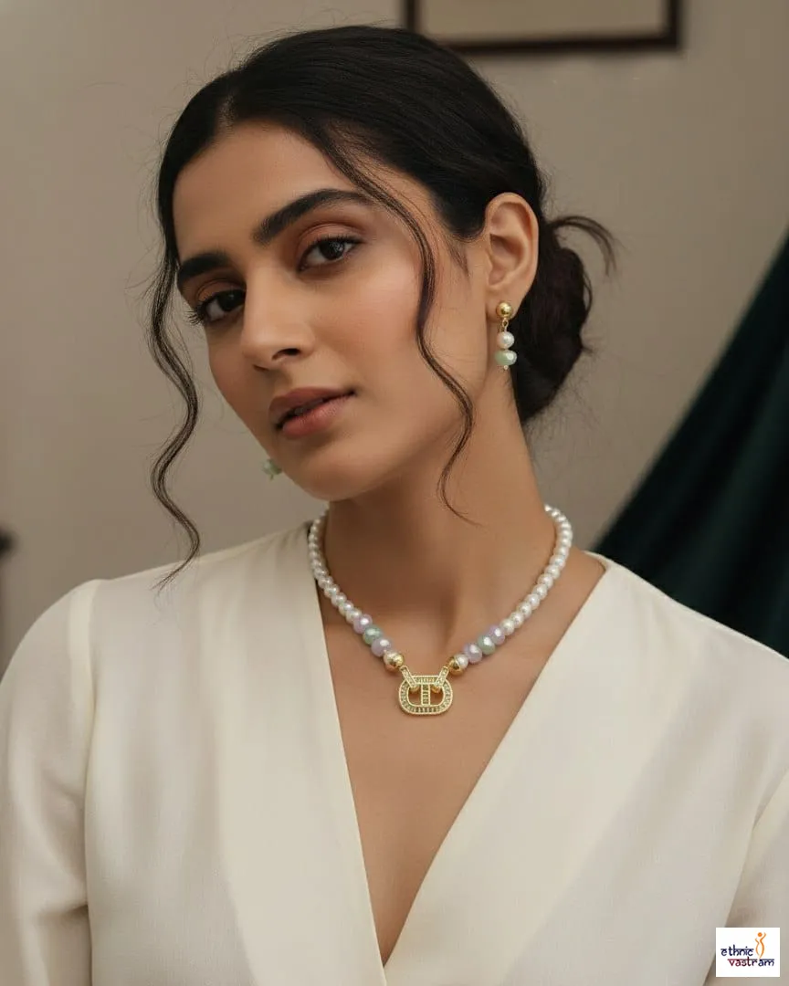 Crystal Geometric Pendant Pastel Pearl Choker Necklace Set
