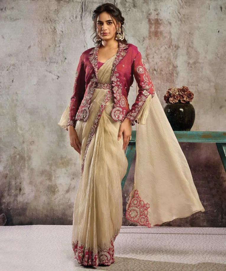 Crystal Organza Satin Sequins Embroidered Ready-to-Wear Saree