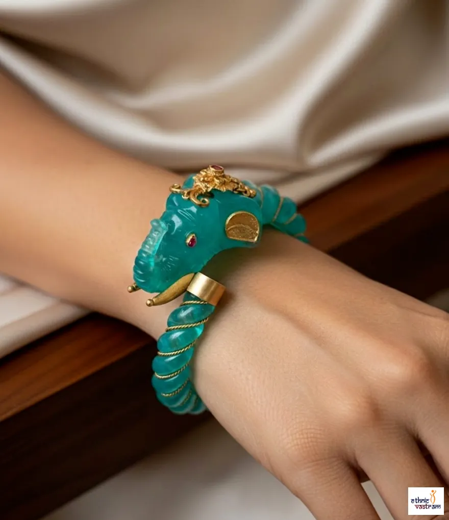 Designer Elephant Motif Green Stone Kada Ethnic Bracelet