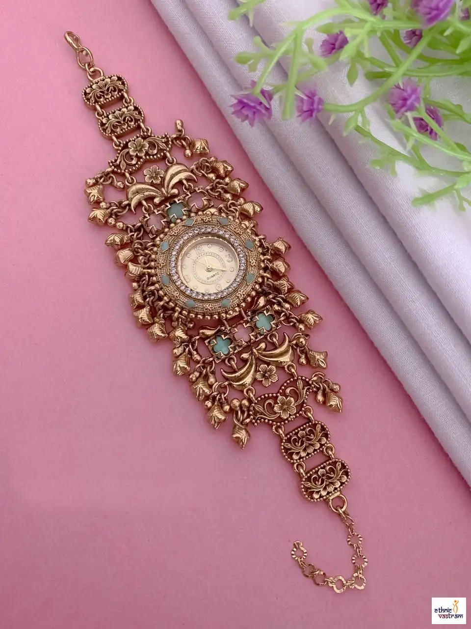 Designer Filigree Work White Stones Bezel Kada Style Bracelet Watch