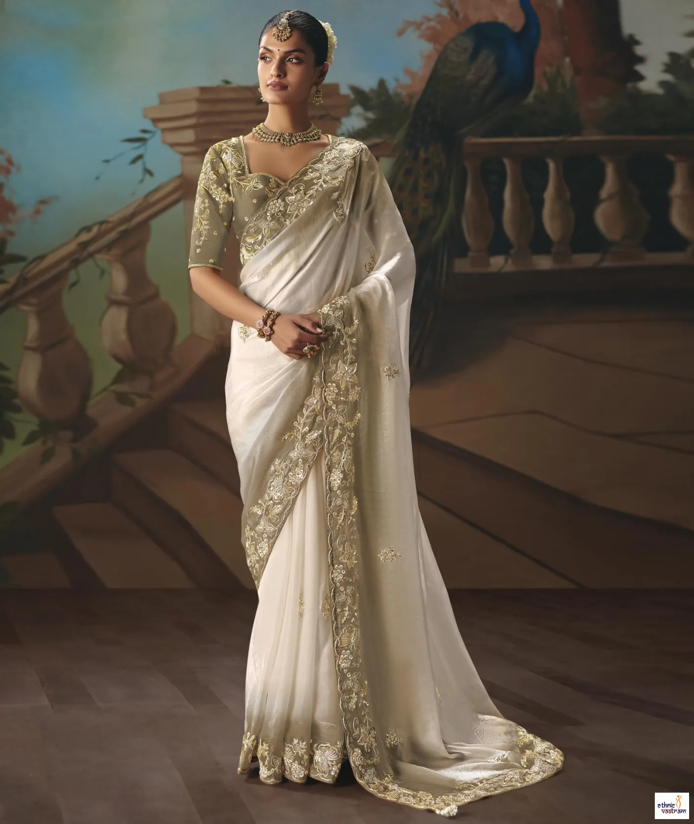 Designer Glass Tissue Off White & Olive Green Sequins Work Saree