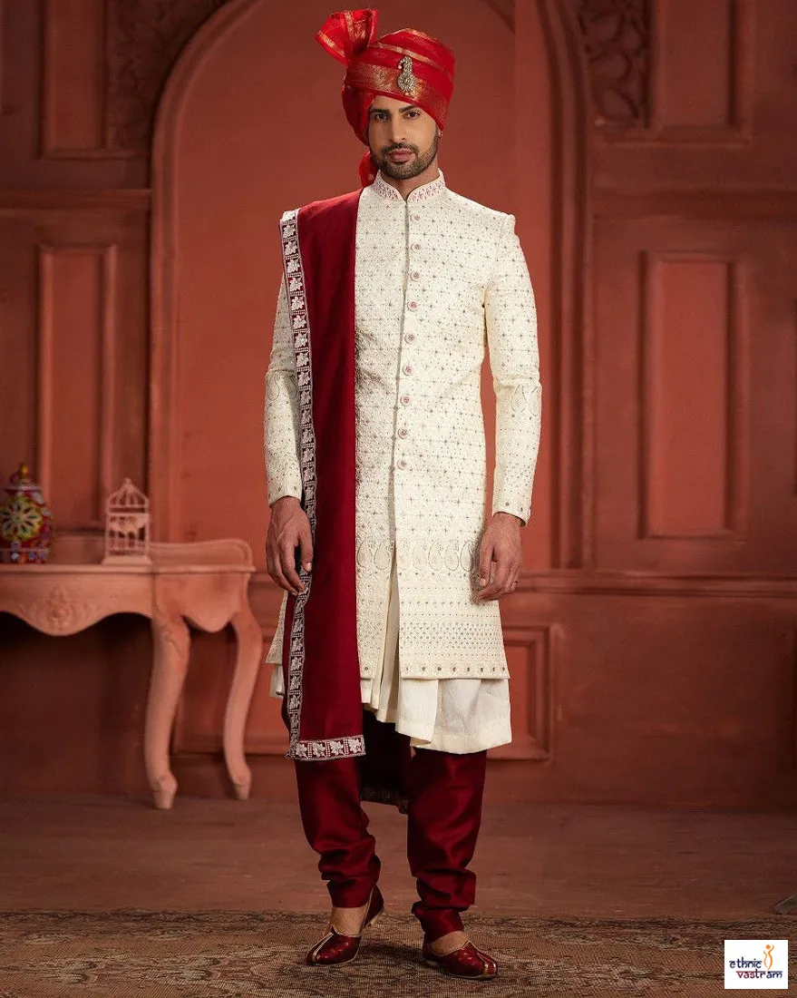 Designer Off-White Sherwani Set With Maroon Stole & Safa