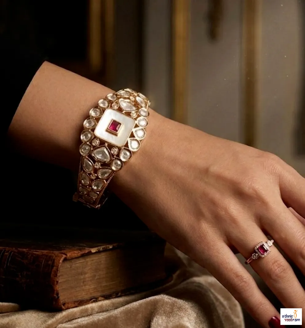 Designer White Stone Centerpiece Gold-Plated Kundan Kada Bracelet