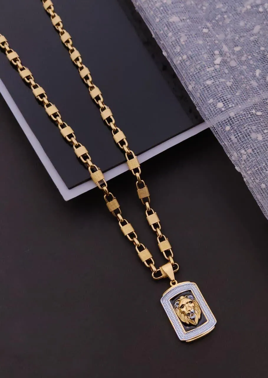 Dual-Tone 3D Lion Head Dog Tag Pendant Necklace