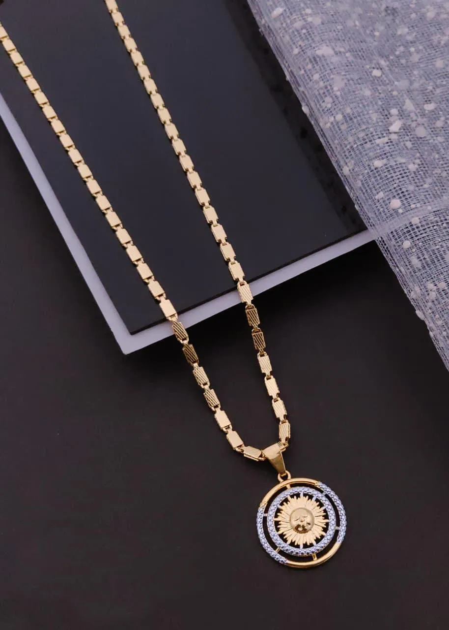 Dual-Tone Circular Designer Sunburst Stone Pendant Necklace
