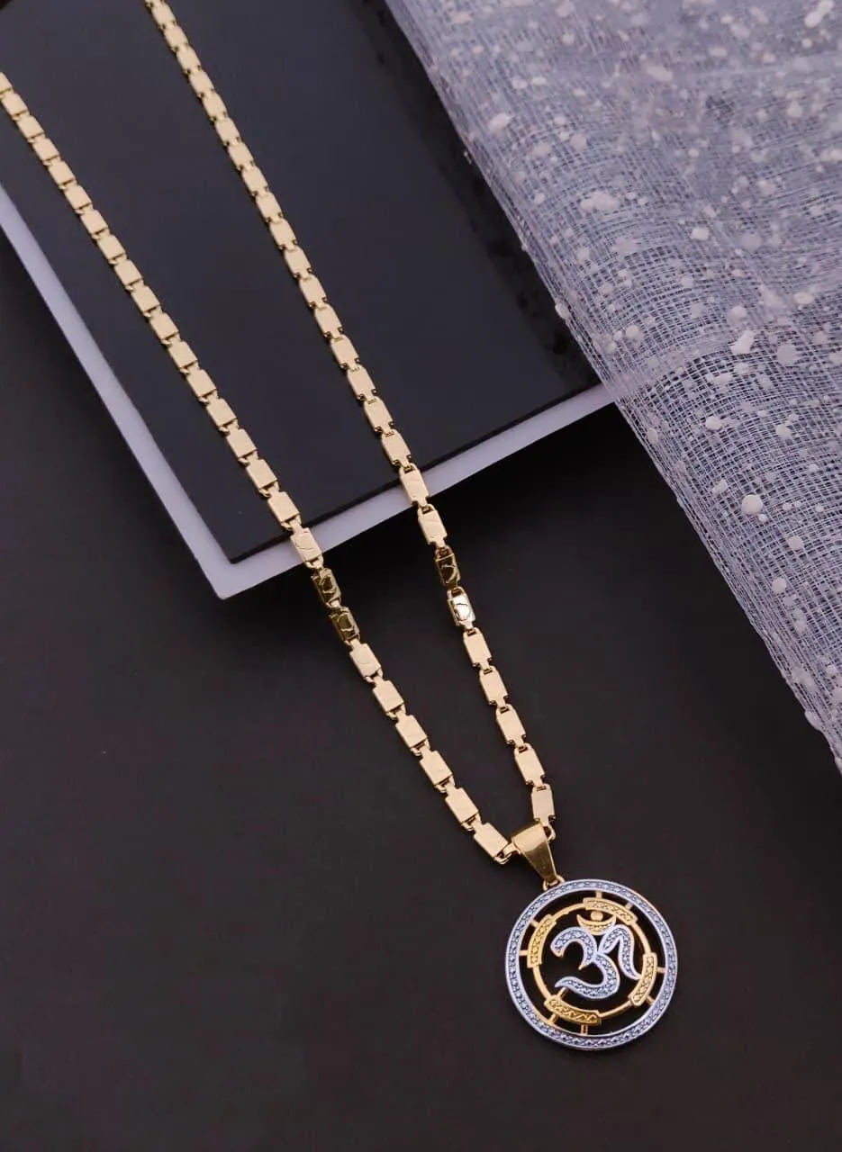 Dual-Tone Om Pendant Stone Work Chain For Men & Women