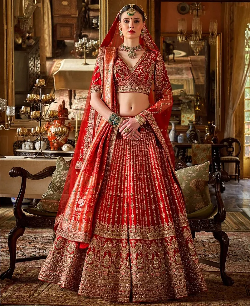 Elegant Red Bridal Gold Embroidered Lehenga With Double Dupatta