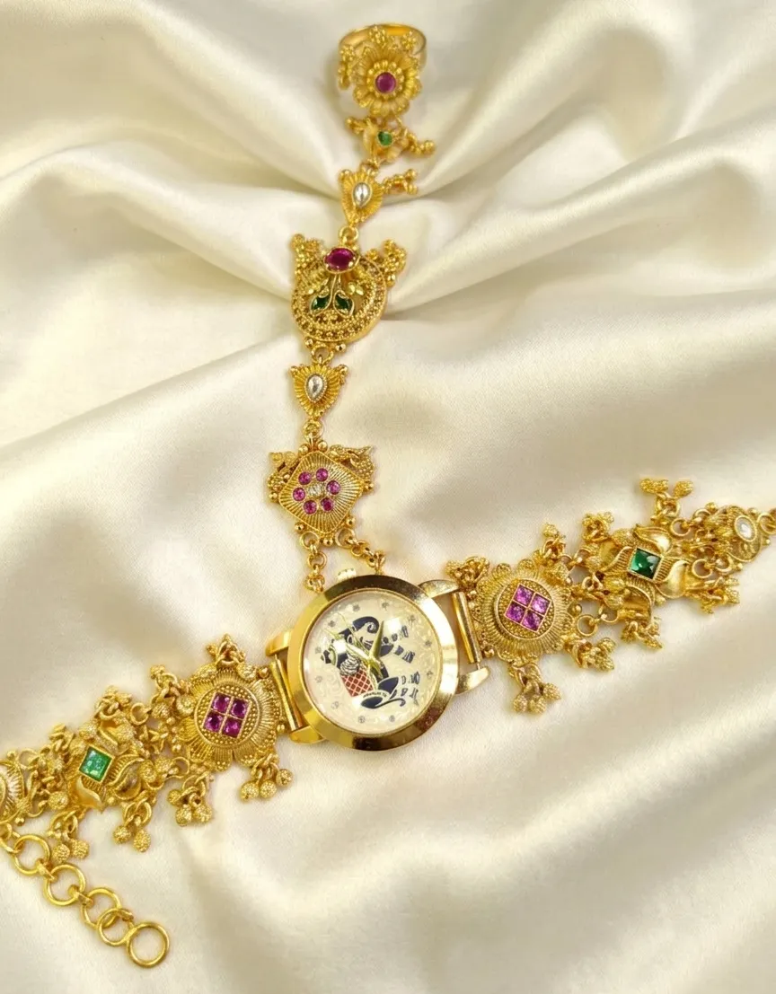 Elephant Dial Hathphool Bracelet Watch With Adjustable Ring